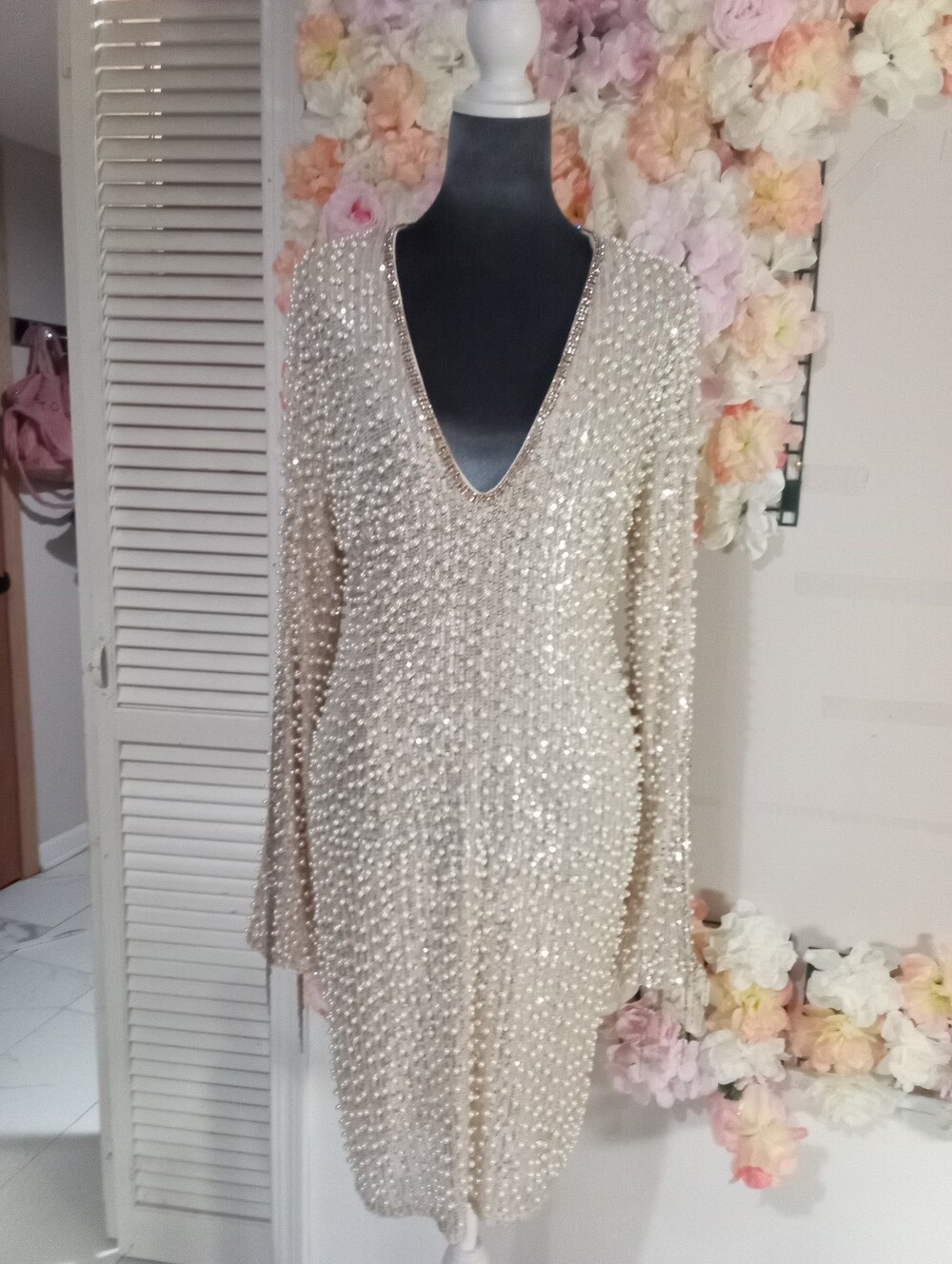 Beaded V-Neck Long Sleeve Dress - Champagne